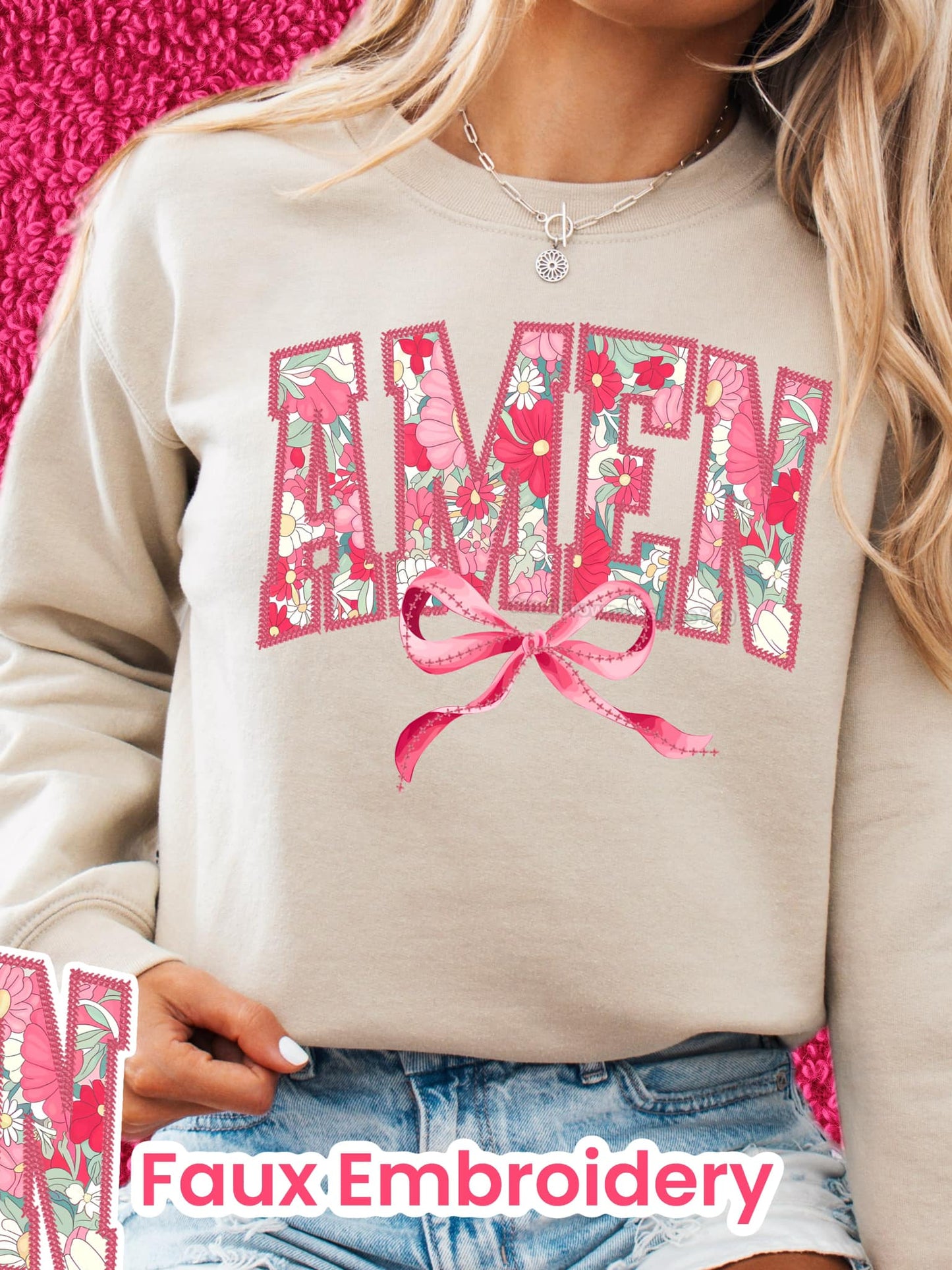 AMEN Faux Embroidered w/ Bow